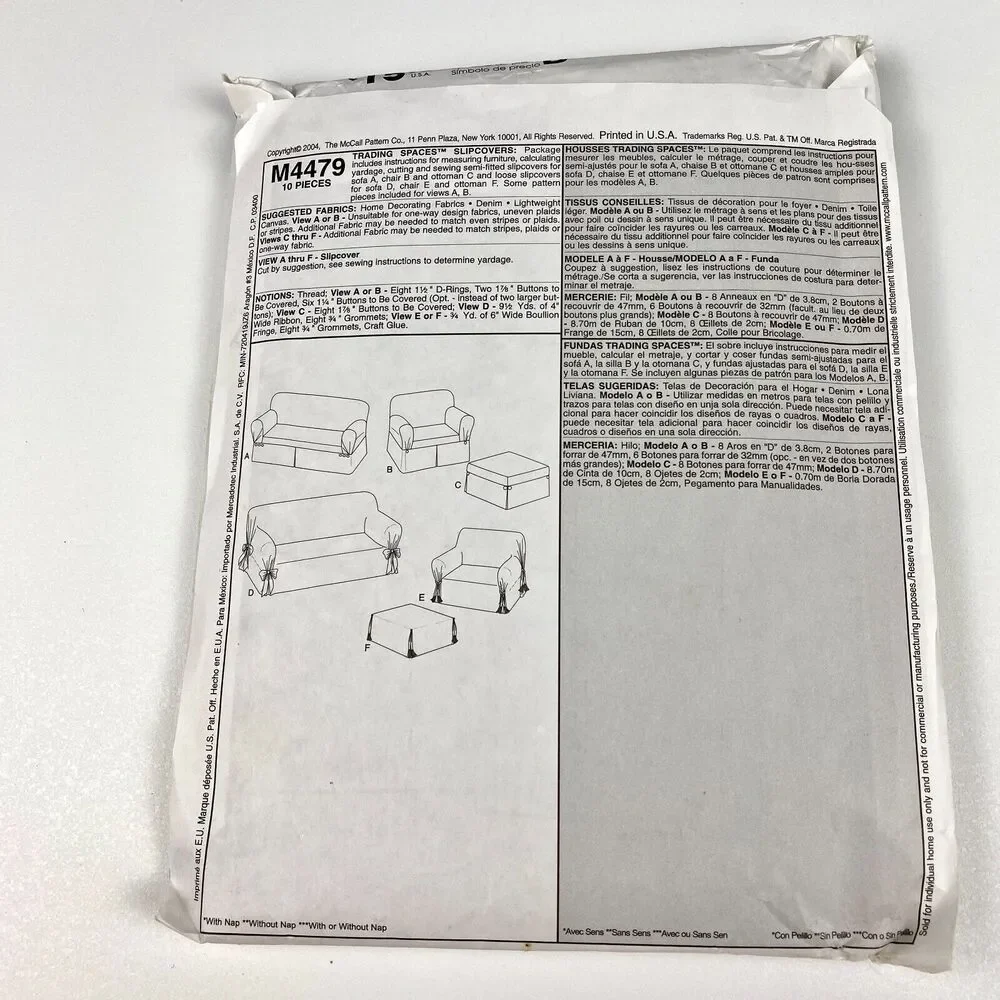 McCalls M4479 Furniture Sofa Chair Slipcovers Trading Spaces TLC sewing pattern